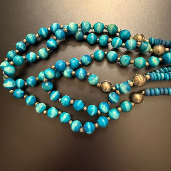 Tribal Triple Blue Beaded Strand Necklace - Picture 8 of 9